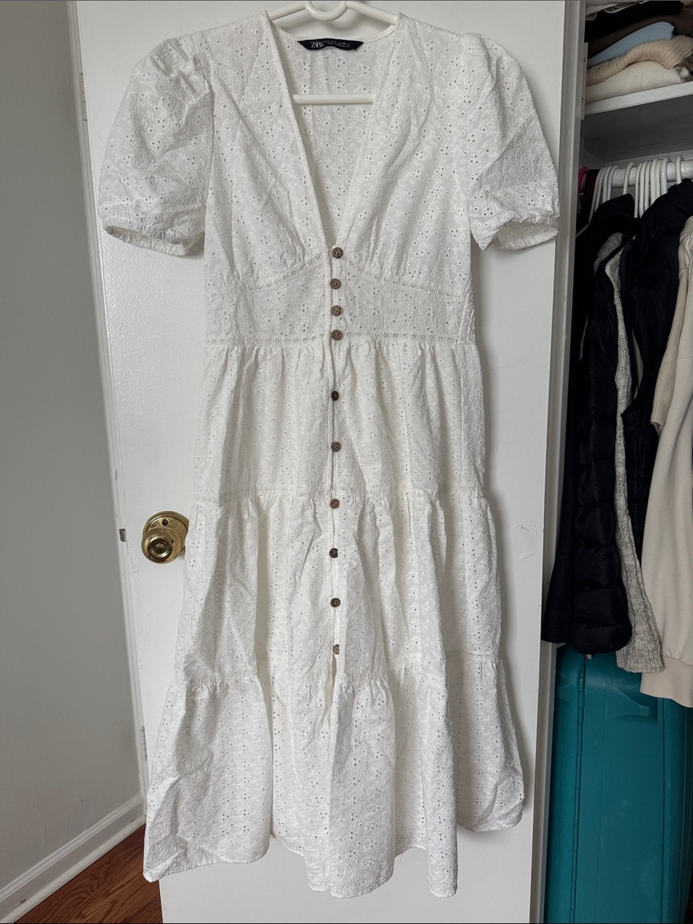 Zara White Eyelet Button-Tier Midi Dress